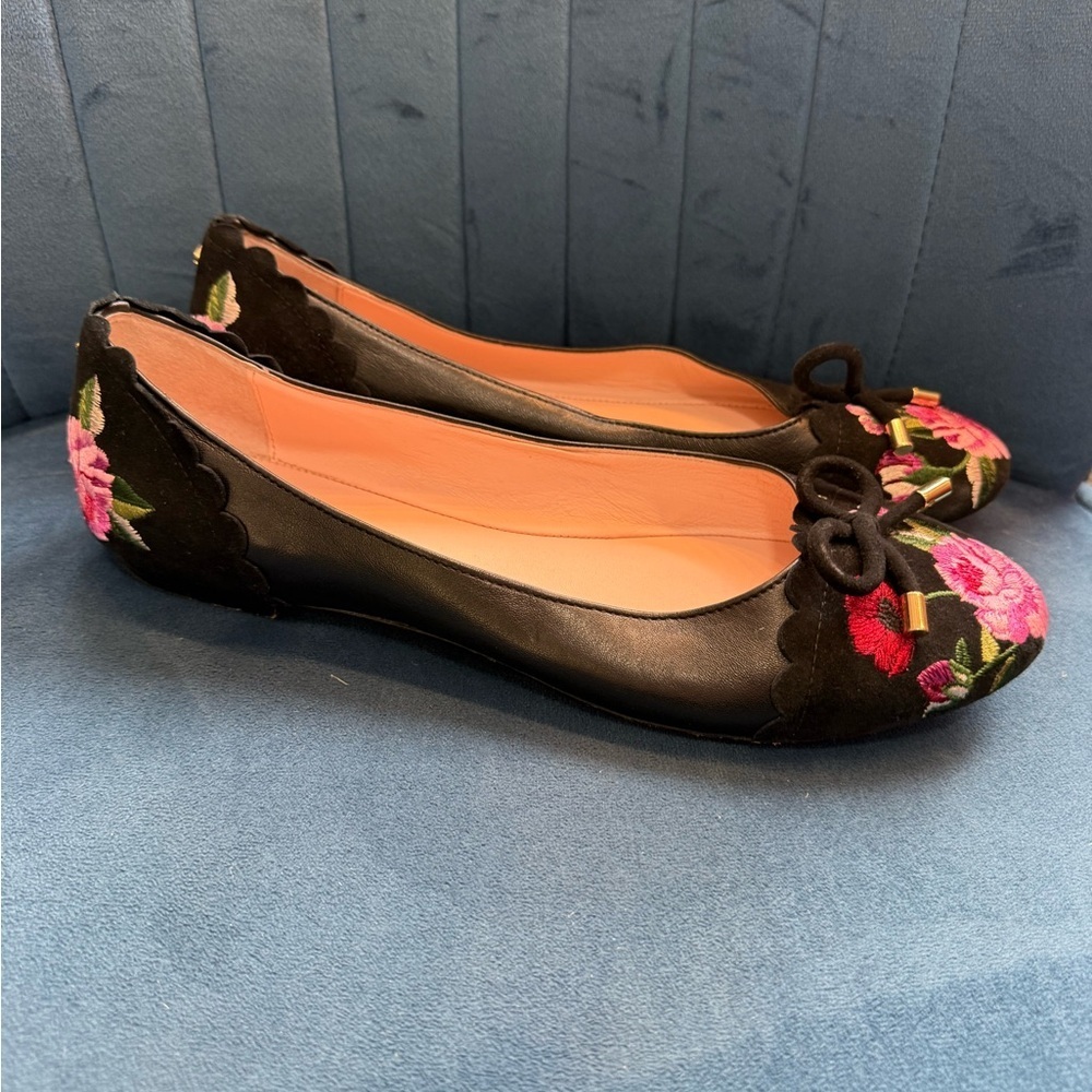 Kate Spade Embroidered Ballet Flats Black Floral Size 8 - Picture 2 of 4